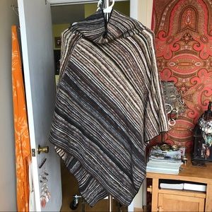 Striped sweater poncho with shawl turtleneck